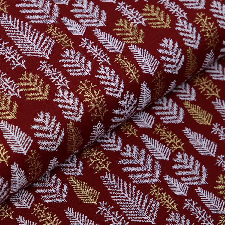 Webware Baumwolle Popeline mit Foliendruck - Weihnachtliche Tannen - Bordeaux