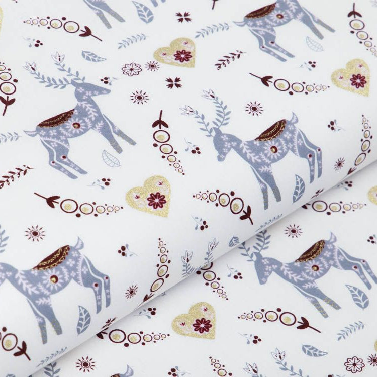 Webware Baumwolle Popeline mit Foliendruck - Weihnachtliche Hirsche und Herzen