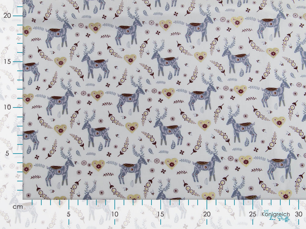 Webware Baumwolle Popeline mit Foliendruck - Weihnachtliche Hirsche und Herzen
