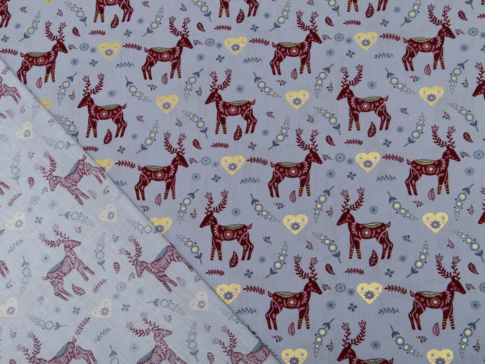 Webware Baumwolle Popeline mit Foliendruck - Weihnachtliche Hirsche und Herzen