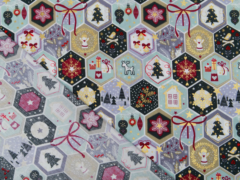 Webware Baumwolle Popeline mit Foliendruck - Weihnachtliche Patches