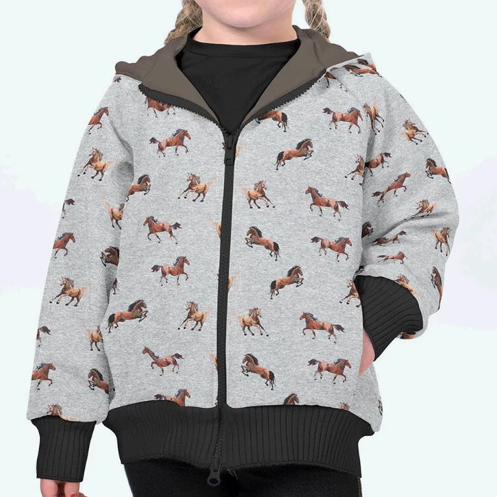 Softshell Jackenstoff - prachtvolle Pferde - meliert grau