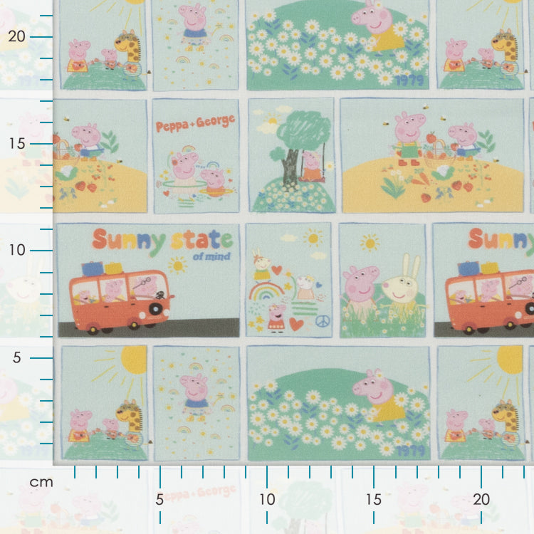 Webware Baumwolle Popeline Digitaldruck Peppa Pig - Peppa und George im Garten - pastellblau