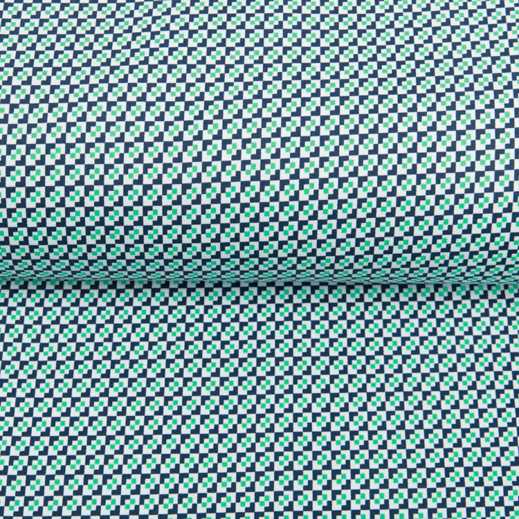 Stretchsatin Hosenstoff - Grafisches Rautenmuster - navy/grün