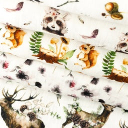 Musselin Double Gauze Digitaldruck Mix Blaze Snoozy - Eichhörnchen und Pilze - weiß