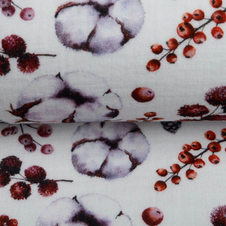 Musselin Double Gauze Digitaldruck Mix Reed Snoozy - Baumwollblüten und Tannenzapfen - weiß