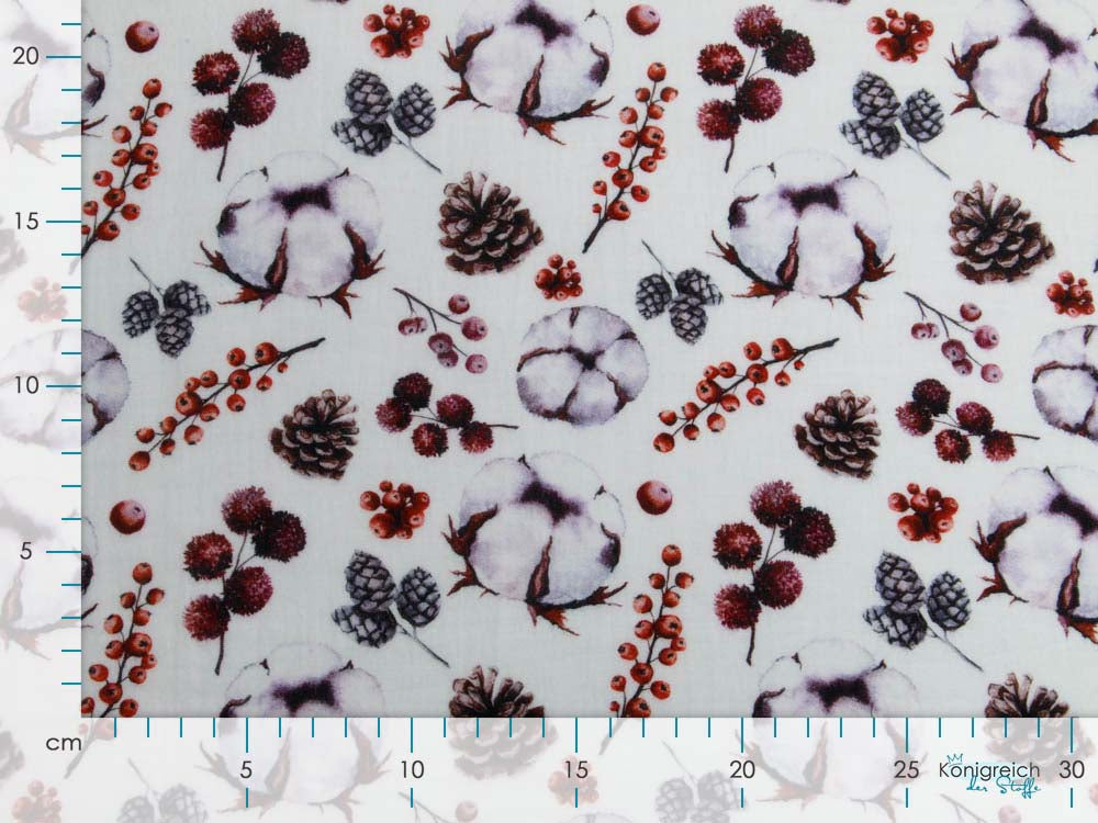 Musselin Double Gauze Digitaldruck Mix Reed Snoozy - Baumwollblüten und Tannenzapfen - weiß