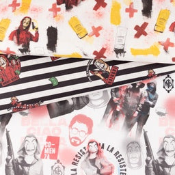 Webware Baumwolle Popeline Digitaldruck La Casa De Papel - El Professor und ein Team von Kriminellen - weiß