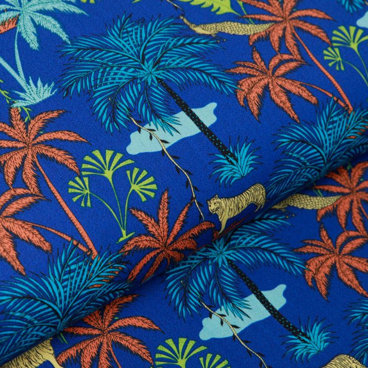 🌴Webware Baumwolle - Palmen und Tiger - blau
