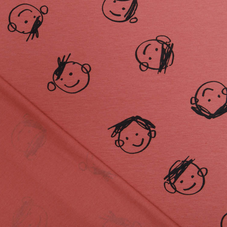 Jersey Sanetta - gekritzelte Kindergesichter - dunkles altrosa