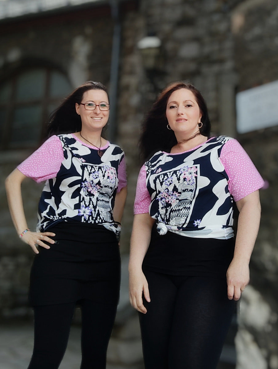 Jersey Viskose PANEL ca. 70cm x 155cm - Dame mit Blumenkopf - nachtblau/weiß/rosa/lila