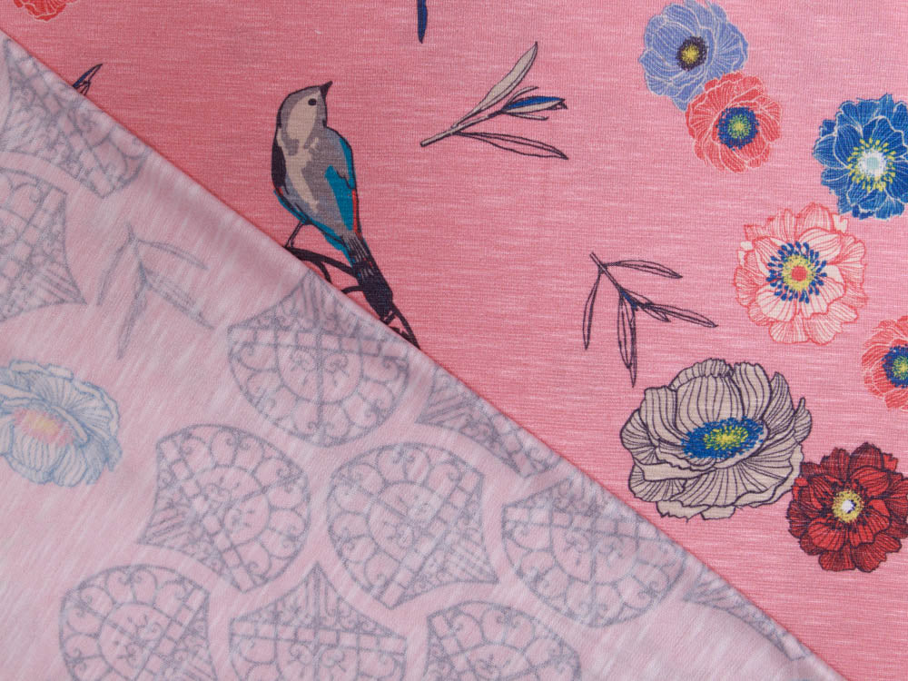 Slub-Jersey Viskose Swafing In the Garden by Bienvenido Colorido - Blumen und Vögel - koralle