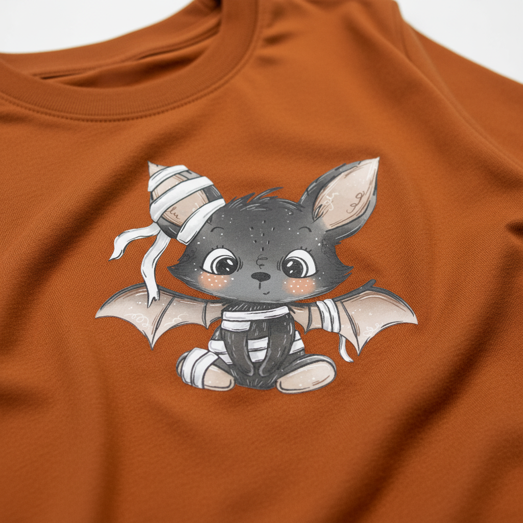 Transfer murciélago kawaii sobre tela jersey burdeos/naranja calabaza