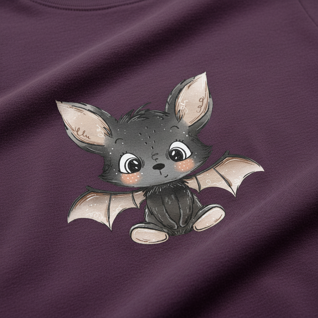 Transfer murciélago kawaii sobre tela jersey morado ciruela/antracita