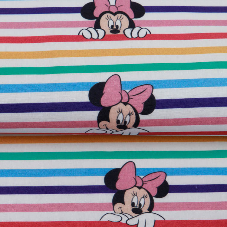 Webware Baumwolle Popeline - Minnie Mouse auf Streifen - weiß