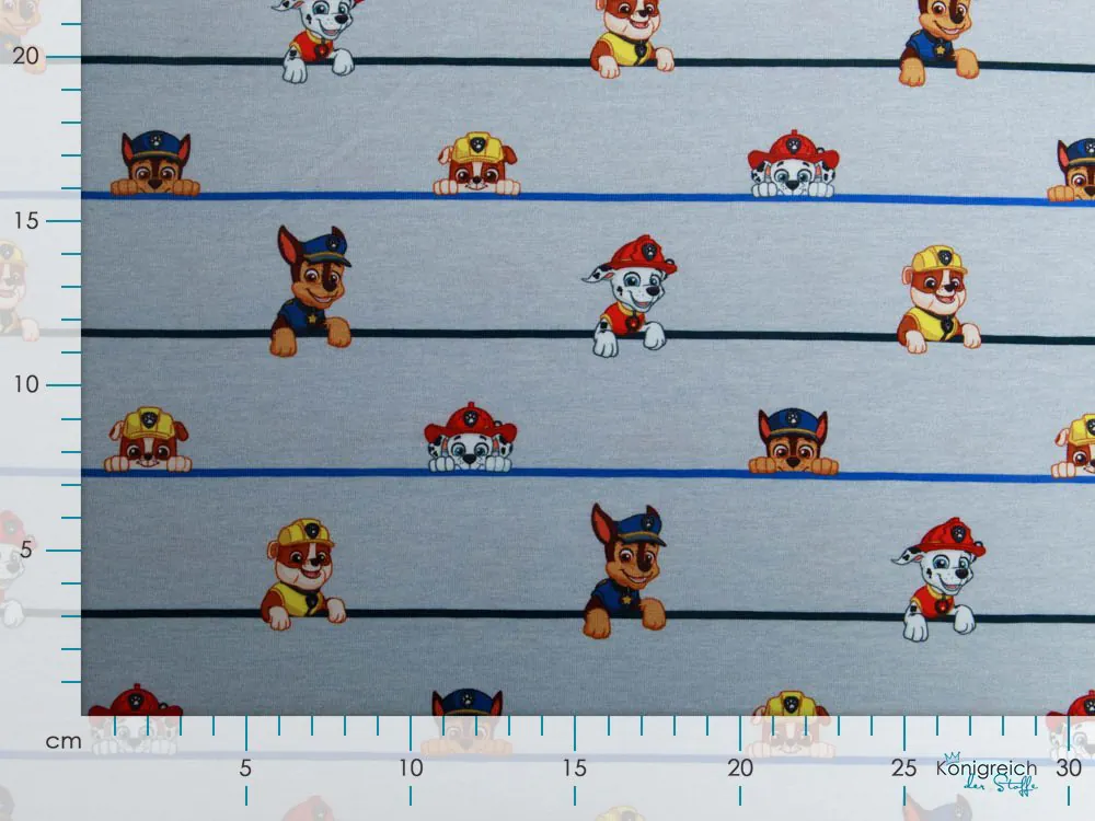 Jersey Digitaldruck Paw Patrol - Rubble & Friends auf Streifen - grau
