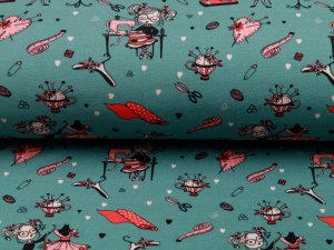 Jersey Stenzo Sewing - Mädchen mit Maßbändern und Nähmaschinen - dunkles mint