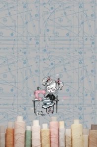 Jersey Digitaldruck Stenzo Sewing PANEL ca. 60 cm x 50 cm - Mädchen mit Nähmaschine - grau