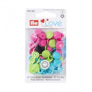Color Snaps Druckknöpfe Prym Love 21 Stück/13,6mm gemischt - Blumengesichter - türkis,grün,pink