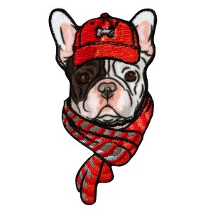 Applikation zum Aufbügeln - Hund mit Schal - braun/rot