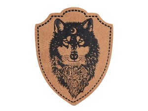 Jessy Sewing Kunstleder-Label mit aufgedruckter Nähnaht - "Wappen Wolf" - braun