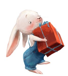Transfer-Applikation zum Aufbügeln ca.10,0 cm  x 9,0 cm - süßes Kaninchen mit großem Geschenk