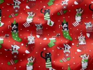 Webware Baumwolle Christmas - Weihnachtliche Katzen - rot