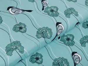 Jersey - Vögel auf Blumen - mint