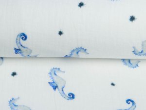 Musselin Baumwolle Double Gauze Digitaldruck Bambino - Seepferdchen - weiß