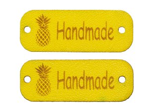 2 Applikationen / Label aus ökologischem Kunstleder ca. 15x40mm -  Ananas Handmade - gelb