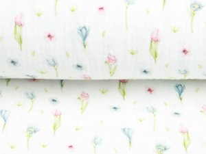 Musselin Baumwolle Double Gauze Digitaldruck Mille Fleurs - prachtvolle Tulpen - weiß-rosa
