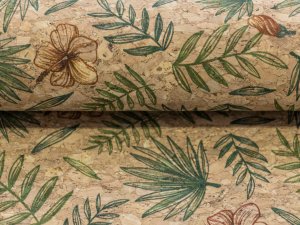Kork Coupon ca. 50 cm x 65 cm - Palmenblätter und Hibiskusblüten