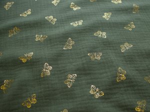 Musselin Double Gauze - Baumwolle - Folien Schmetterlinge - olivgrün