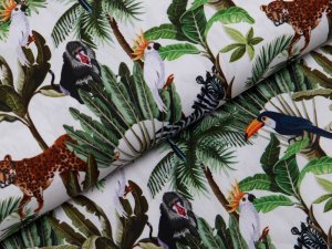 Webware Popeline Baumwolle Digitaldruck - Tukane und wilde Tiere - weiß