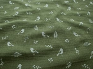  Musselin Baumwolle - Vögelchen - tannengrün