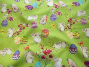 Webware Baumwolle Swafing - Happy Easter - bunte Ostereier und Hasen - grün