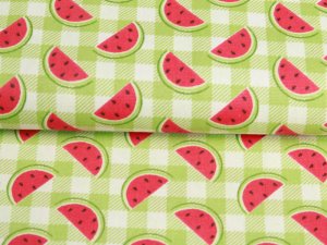 Webware Öko - Baumwolle Patchwork Quilt Serie " Watermelon " Melan & Cia Kollektion - Melonen auf Karo - creme