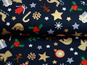 Webware Baumwolle Popeline mit Foliendruck - Zuckerstangen und Weihnachtsengel - marineblau