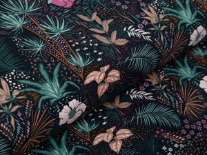 Jersey - zarte Blätter und Blumen - schwarz