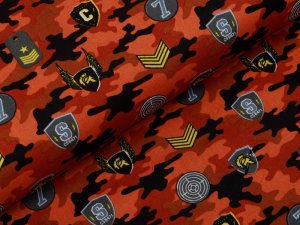 Webware Baumwolle Popeline - Army-Patches und Marken auf Camouflage - rost