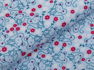 Webware Baumwolle Popeline - Mäuse und Blumen - helles blau