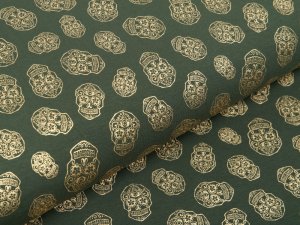 Jersey mit Foliendruck - goldene geblümte Skulls - olivgrün
