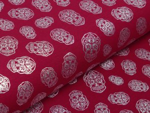 Jersey mit Foliendruck - silberne geblümte Skulls - bordeaux
