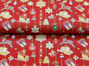 Webware Baumwolle Popeline mit Foliendruck - weihnachtlicher Baumschmuck - rot