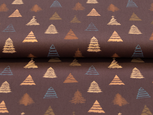 Webware Baumwolle Popeline mit Foliendruck - geschmückte Tannenbäume - braun