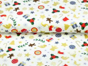 Webware Baumwolle Popeline mit Foliendruck - Zuckerstangen und Weihnachtsengel - wollweiß