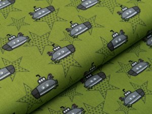 Webware Baumwolle Popeline - U-Boote und Sterne - khaki