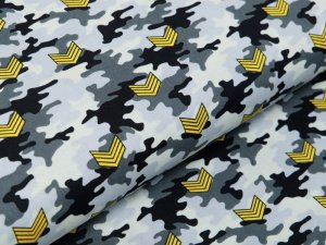 Webware Baumwolle Popeline - Army-Patches auf Camouflage - grau