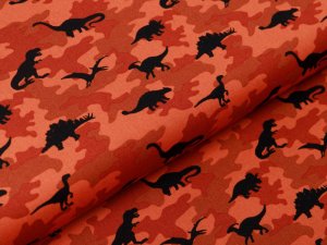 Webware Baumwolle Popeline - Dinos auf Camouflage - rost