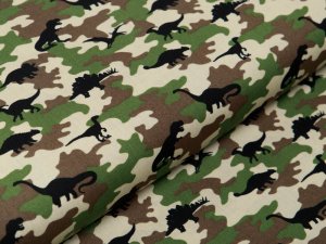 Webware Baumwolle Popeline - Dinos auf Camouflage - grün
